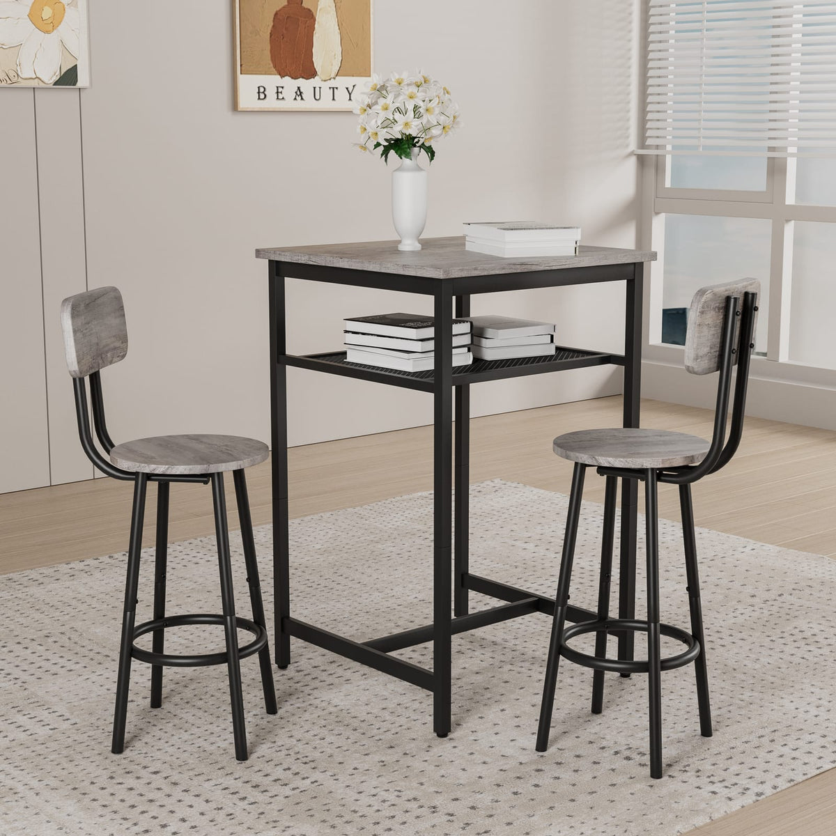 2-Person Grey Dining Table Set with Stools for Dining Room