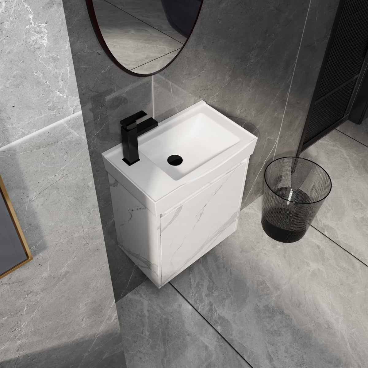 Carrara White Bathroom Vanity with Ceramic Sink - 19.69" Storage Cabinet