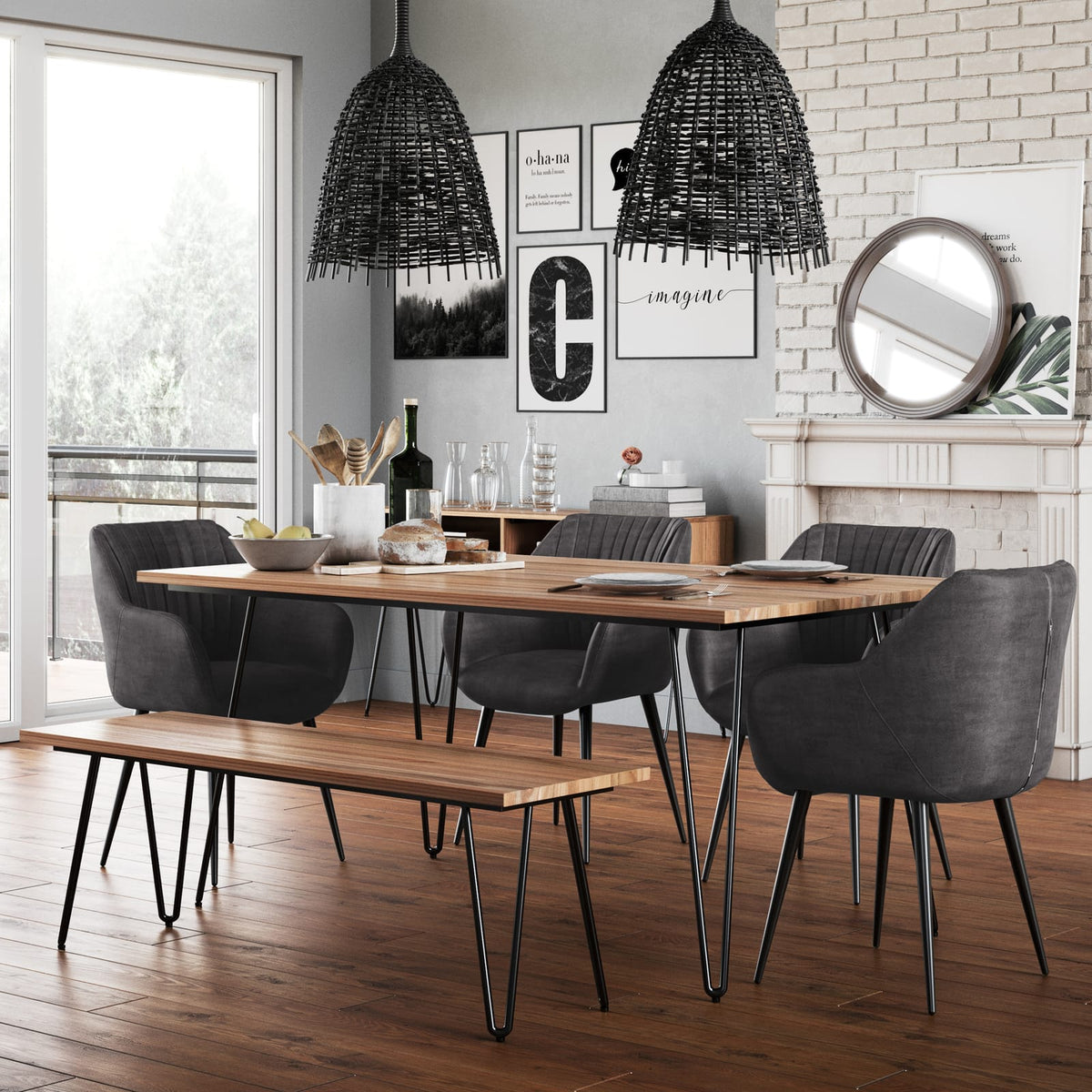 66 Inch Light Brown Wood Dining Table - Modern Industrial Style