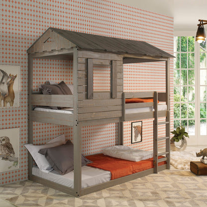 Rustic Grey Twin Over Twin Bunk Bed - Durable Wood Frame