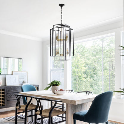 Modern Black Gold Geometric Pendant Chandelier - 8 Lights, Adjustable for Living