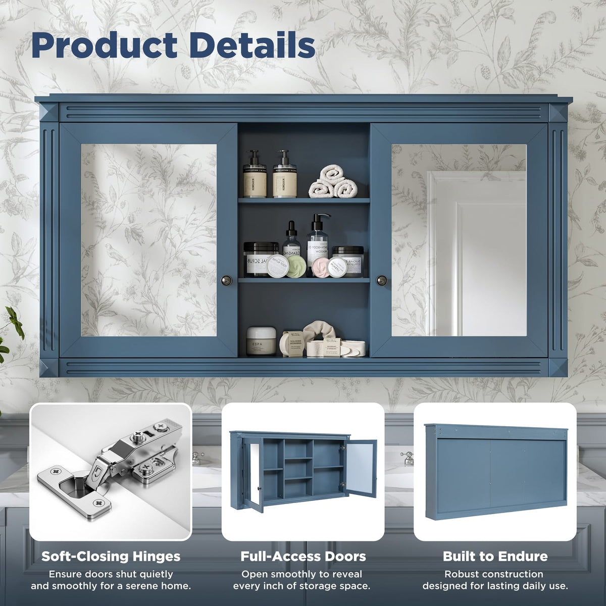 55 Inch Wall-Mount Bathroom Mirror Cabinet - Blue, Adjustable Shelves
