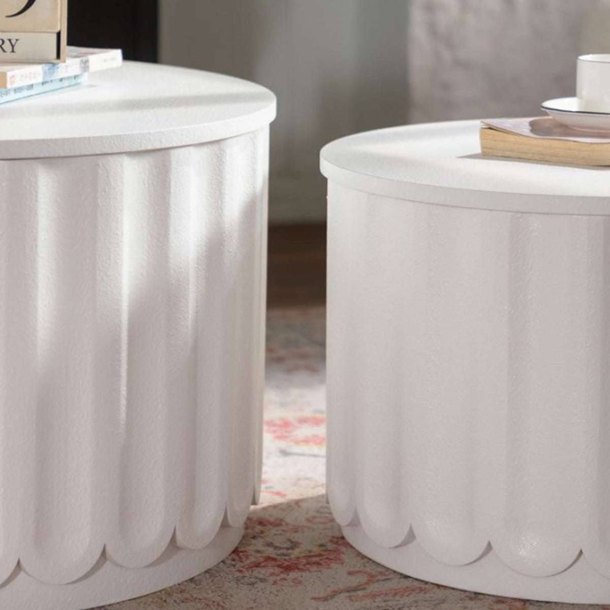 White Round Storage Table Set - Lift-Off Lid, Modern Design