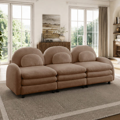 Teddy Fabric 3-Seat Sofa - Camel, Curved Backrest & Soft Cushions