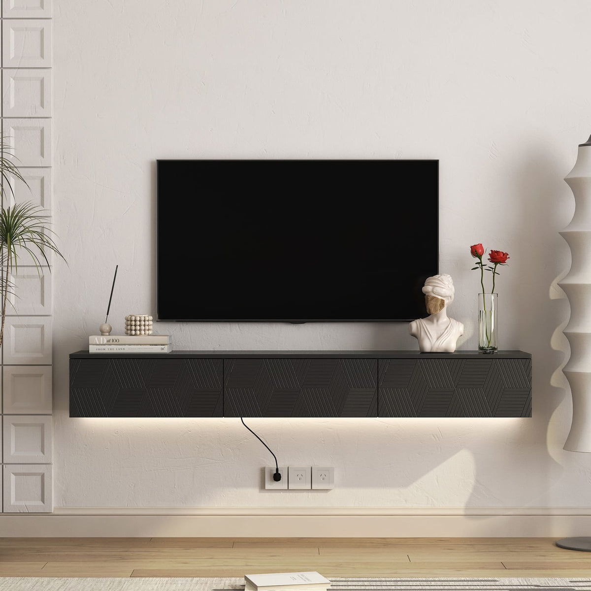 66 Inch Black MDF Floating TV Stand with LED Lights