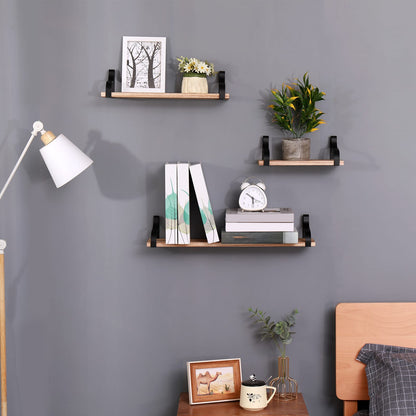 3 Natural Wood Floating Shelves - Bedroom Wall Shelves Set