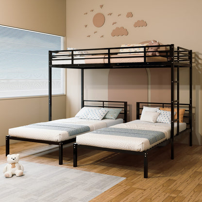 Twin Over Twin Over Twin Bunk Bed - Black Metal Frame for Bedroom