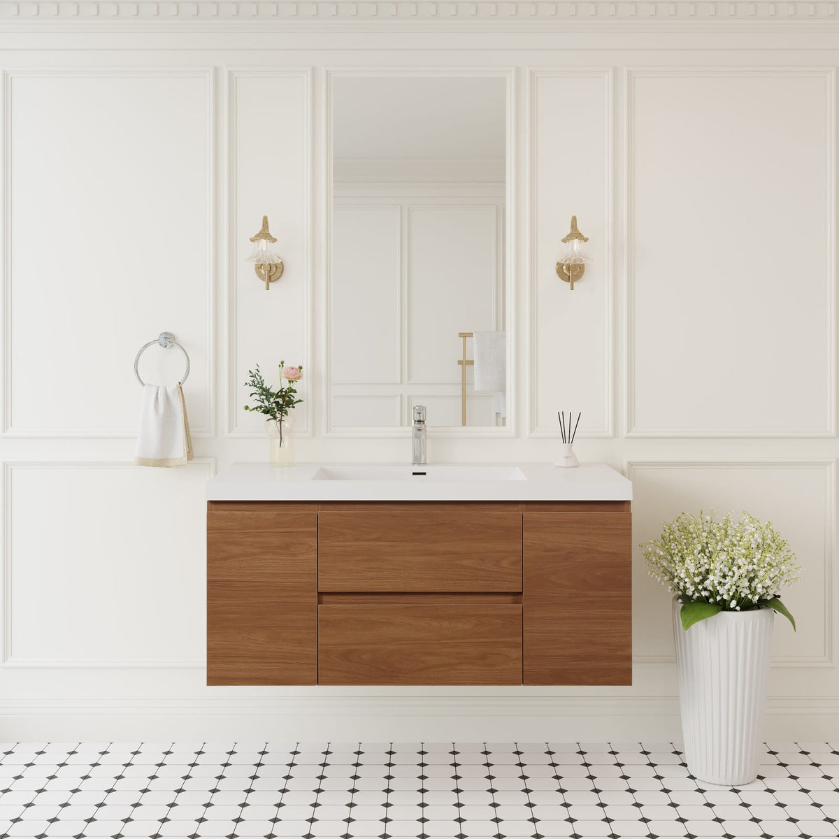 White Walnut Bathroom Vanity - Wall Mounted Storage Cabinet