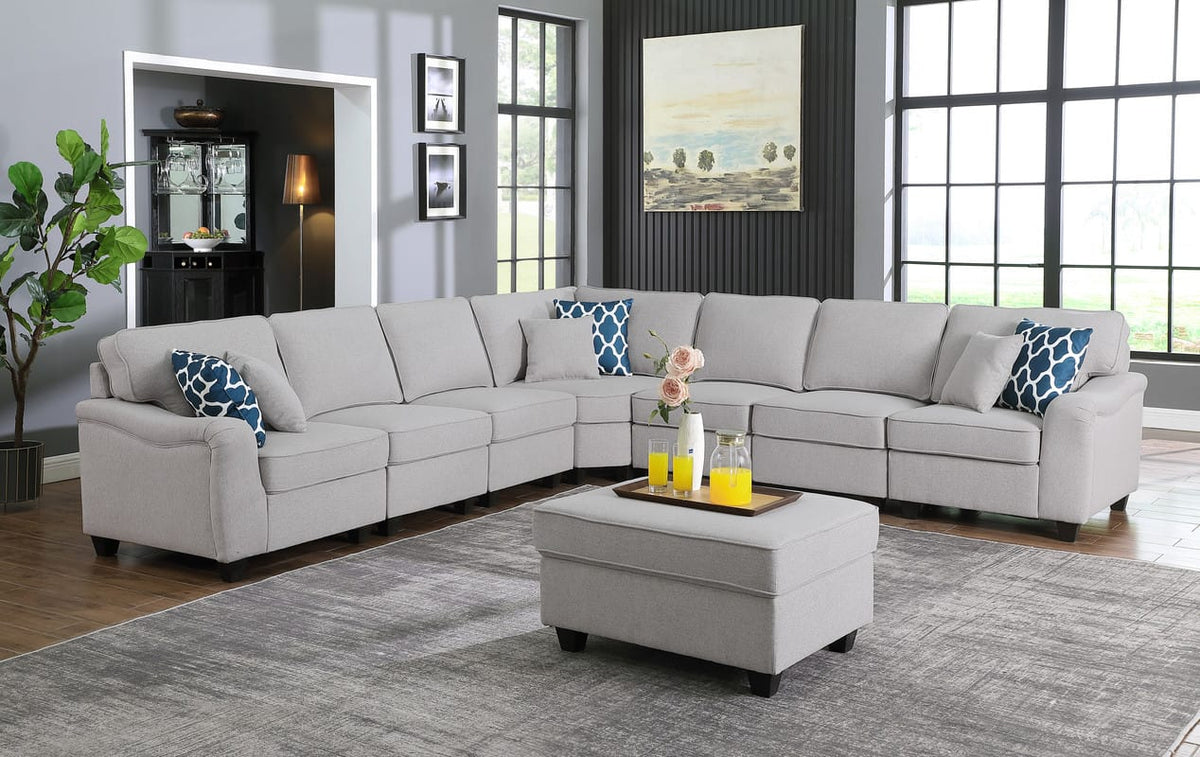 Light Gray Linen 8-Piece Modular Sectional Sofa & Ottoman