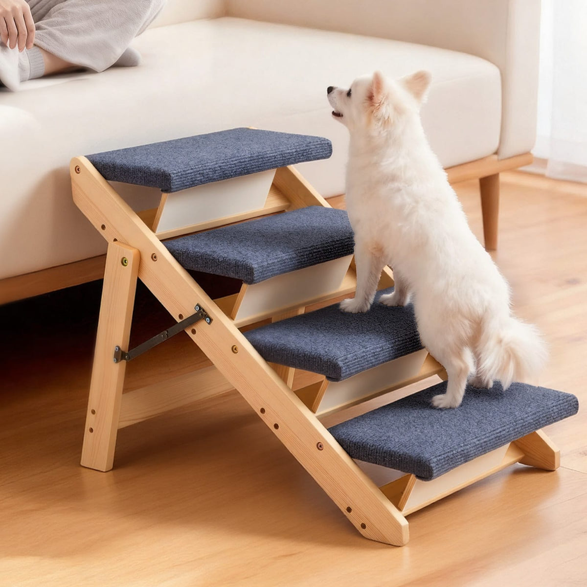 Sturdy Pine Pet Stairs for Dog Beds with Foldable Storage