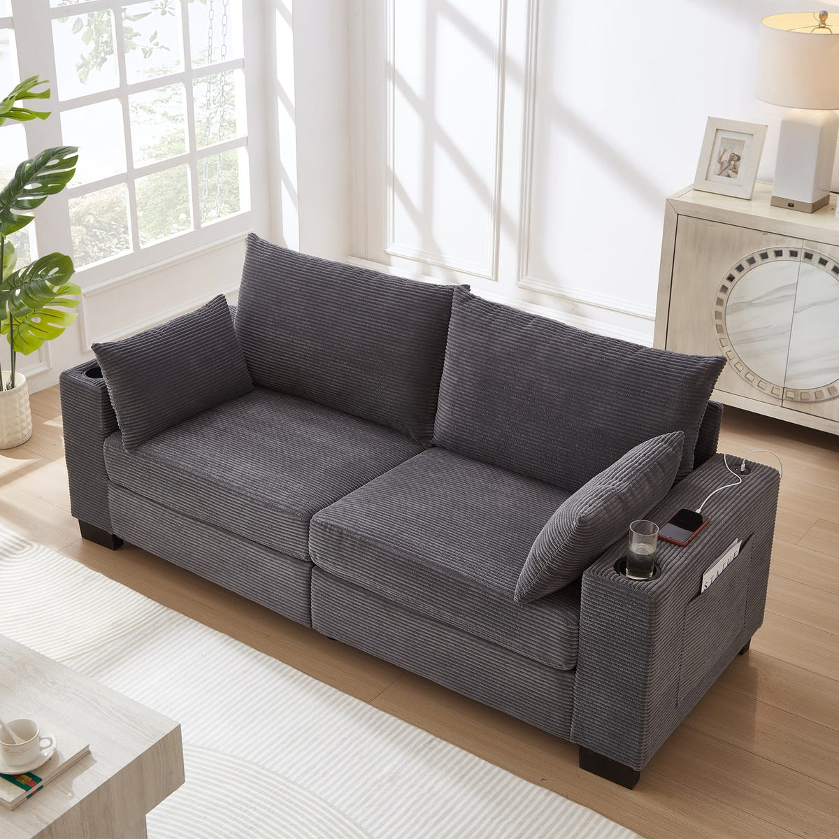 Gray Foam+Spring Sofa with USB Ports for Modern Living Room Seating