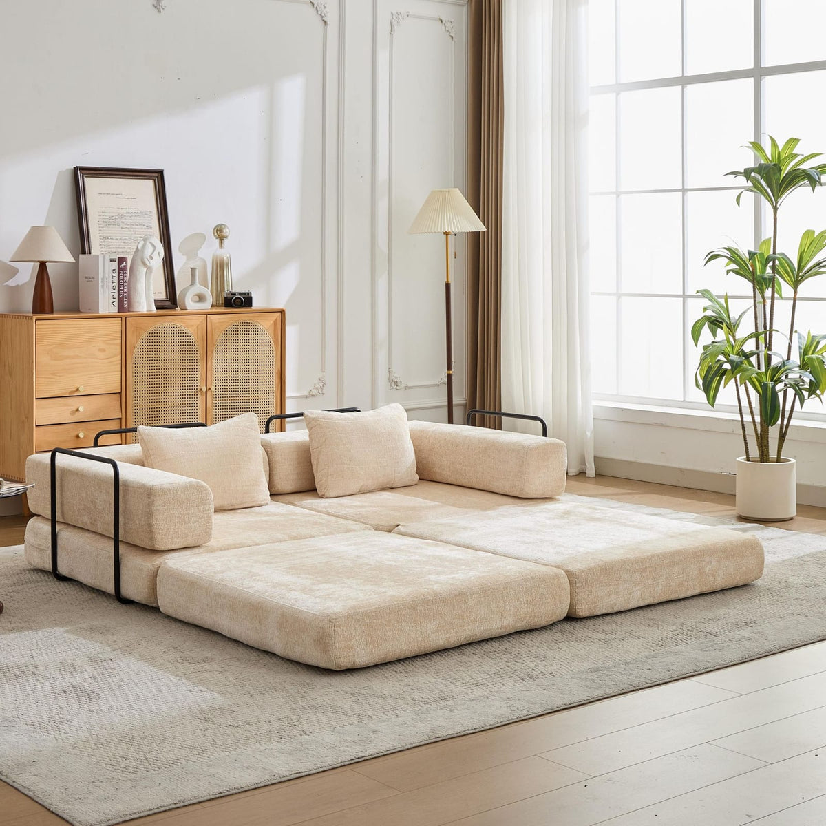 Beige Chenille Convertible Sofa Bed with Memory Foam for Guest Room for Living Room