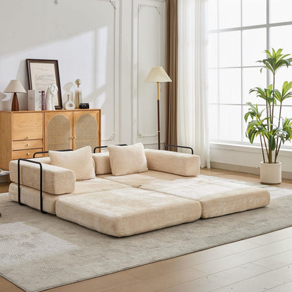 Beige Chenille Convertible Sofa Bed with Memory Foam for Guest Room for Living Room