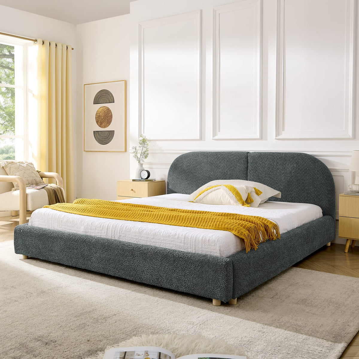 Queen Upholstered Bed Frame - Dark Gray, Modern Minimalist Style