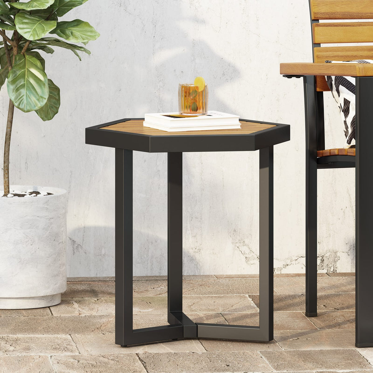 Beige Metal Wood Side Table for Poolside Garden Decor