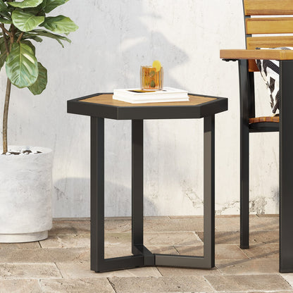 Beige Metal Wood Side Table for Poolside Garden Decor
