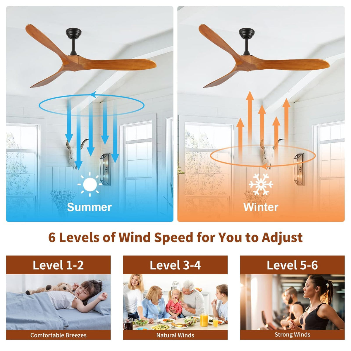 60 Inch Wood Ceiling Fan No Light - Bedroom Living Room