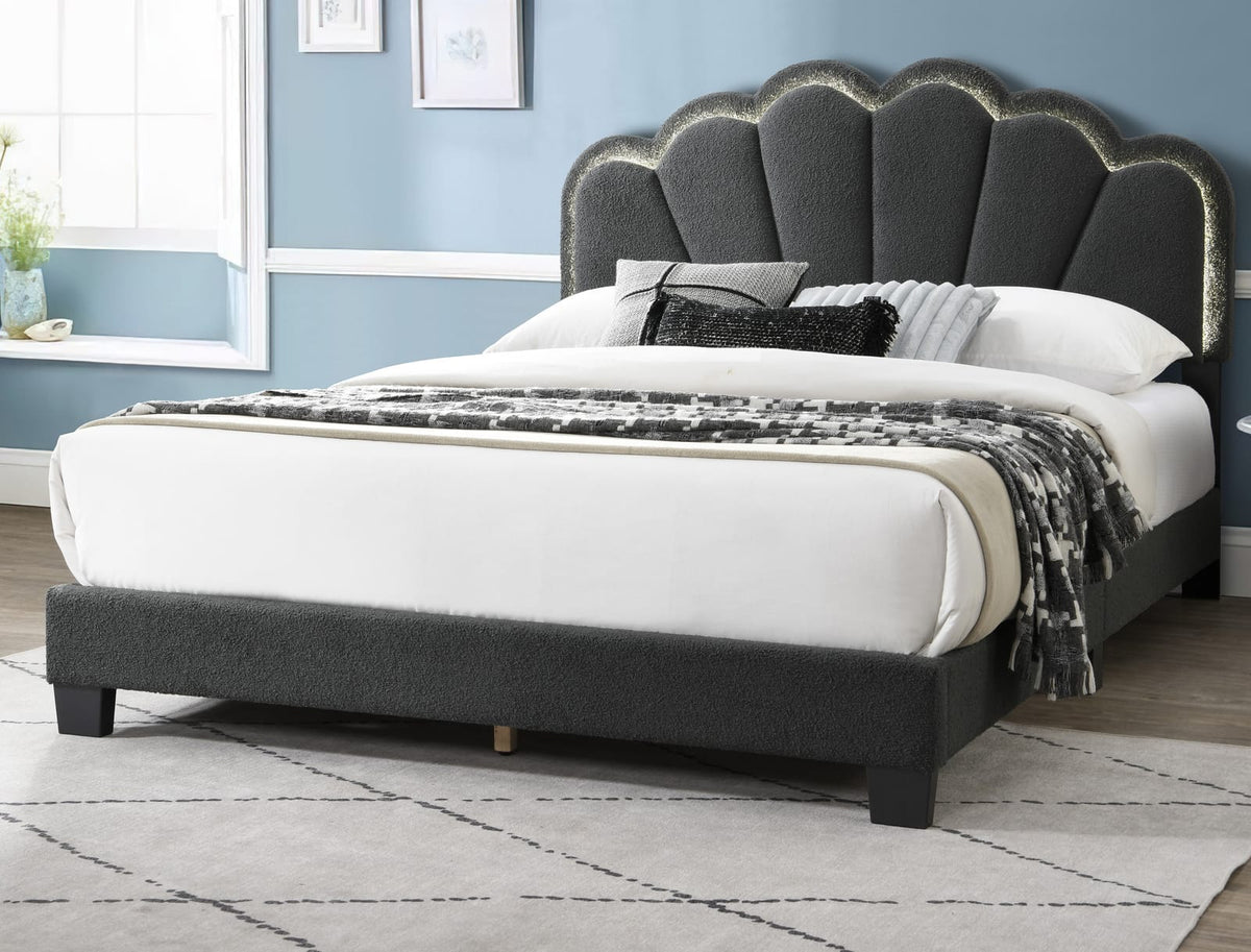 Queen Size Bed Frame - Charcoal Wool Floral Headboard Box Spring Not Required
