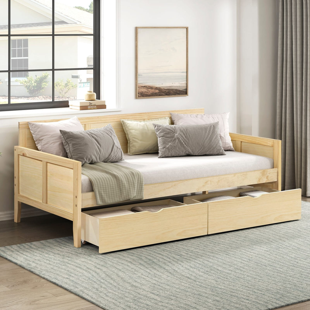 Modern Pine Wood Twin Sofa Bed with Storage Boxes