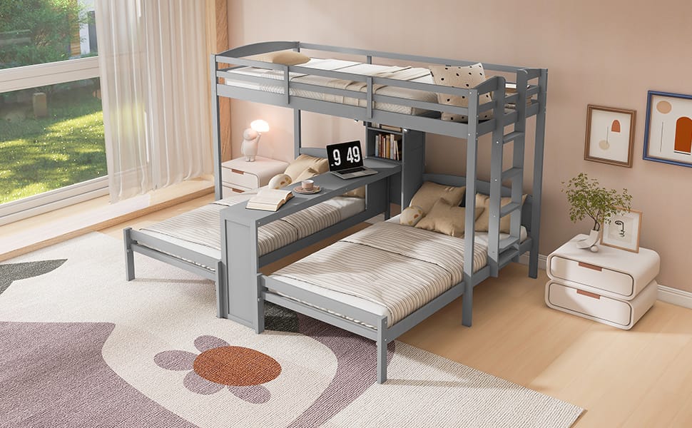 Gray Solid Wood Bunk Bed with Integrated Desk and Storage for Bedroom