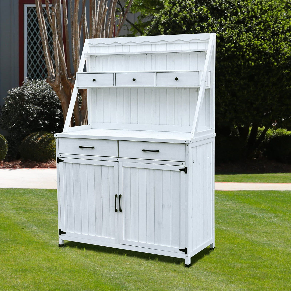 White Farmhouse Outdoor Potting Bench with Storage Cabinet for Garden