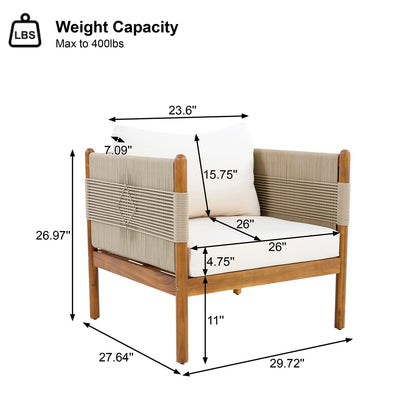 Beige Cream Teak Acacia Wood Club Chair with Cushions - Patio Seating