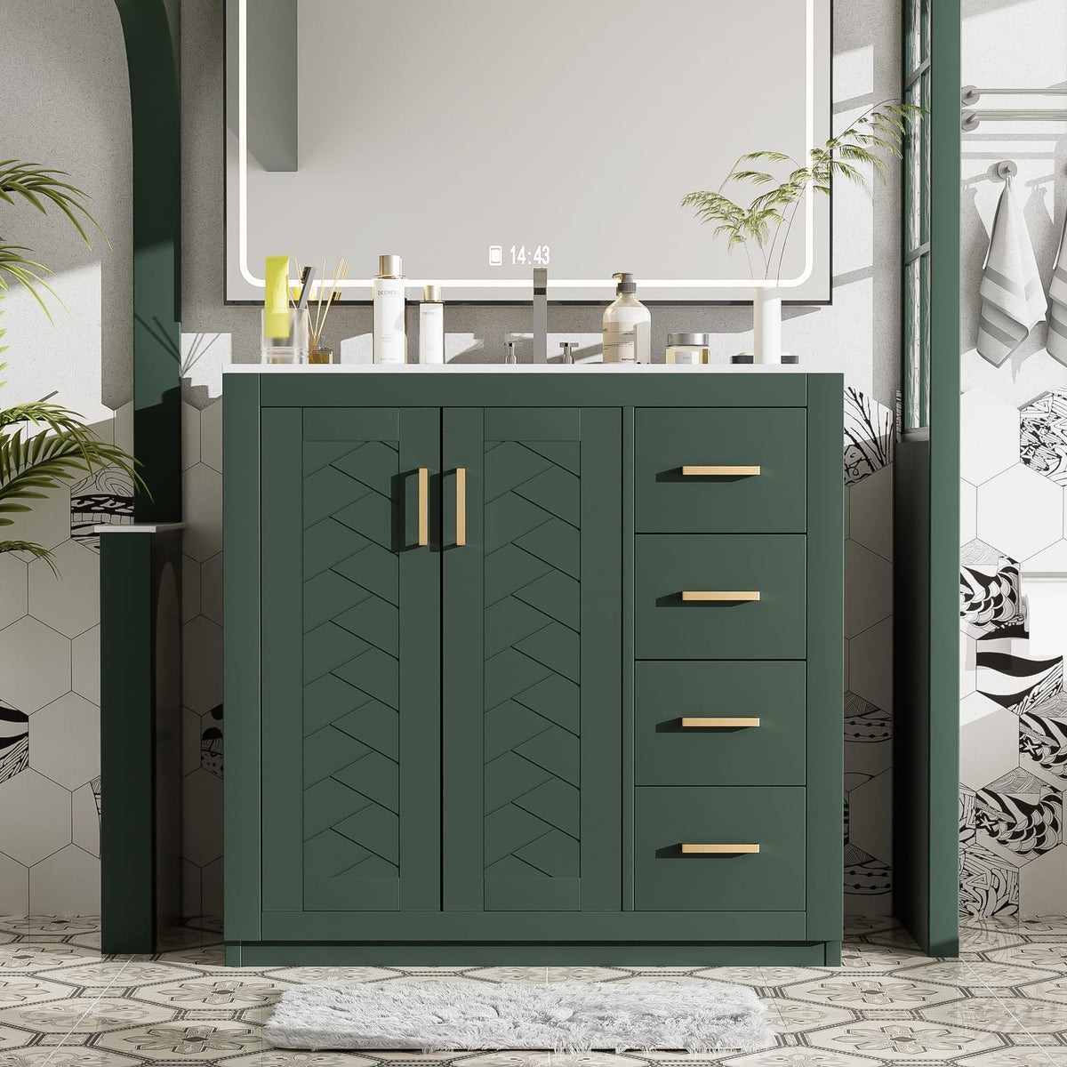 36 Inch Green Bathroom Vanity with Ceramic Sink and Drawers