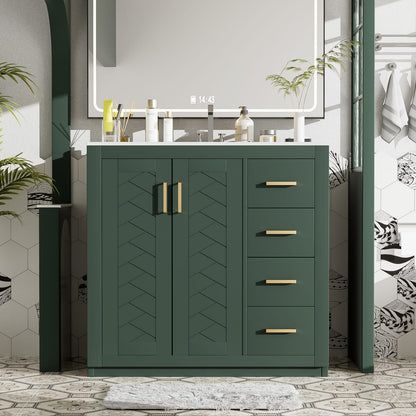 36 Inch Green Bathroom Vanity with Ceramic Sink and Drawers