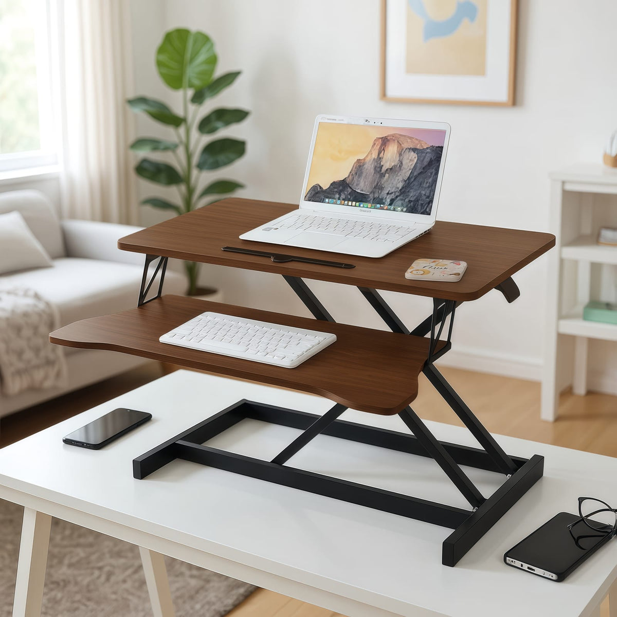32 Inch Adjustable Desk Converter - Walnut Color for Home Office