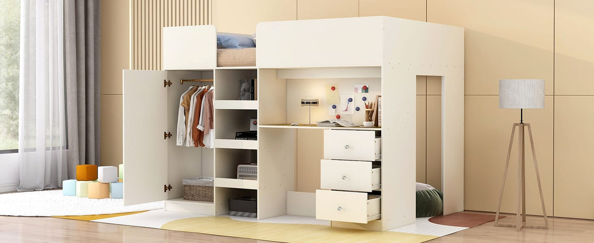 Full Size Bed Frame with Wardrobe & Desk - Beige Wood for Bedroom