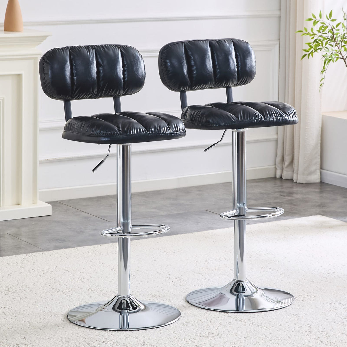 2-Pack Adjustable Bar Stools in Black PU Leather for Kitchen Island