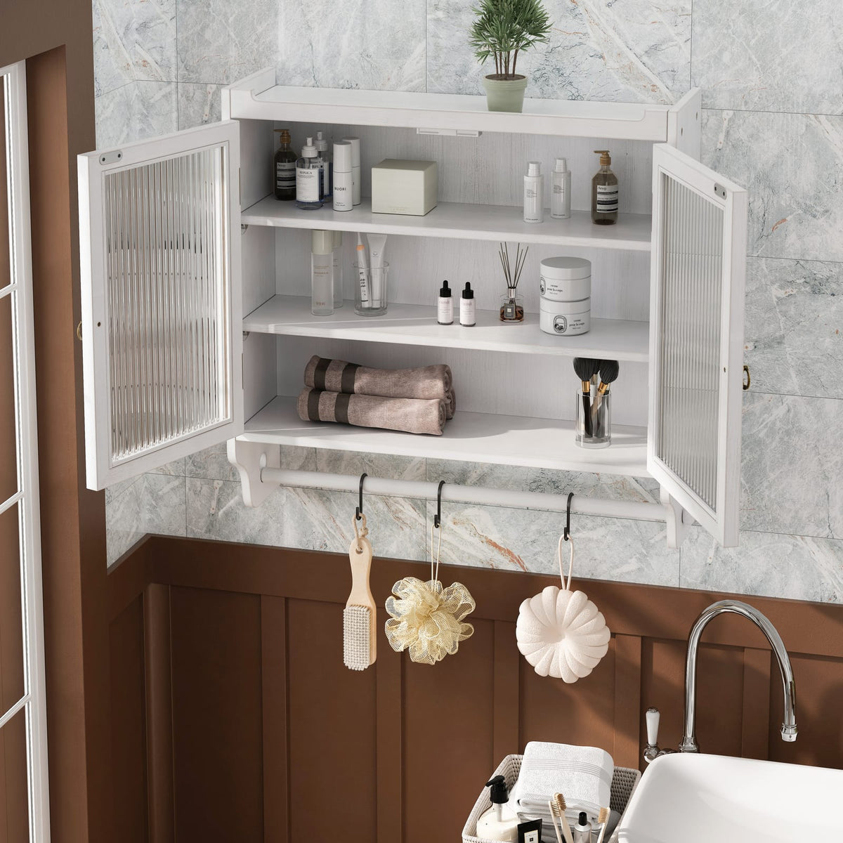 White Washed Glass Door Sideboard Cabinet - 24.8" Storage for Living Room