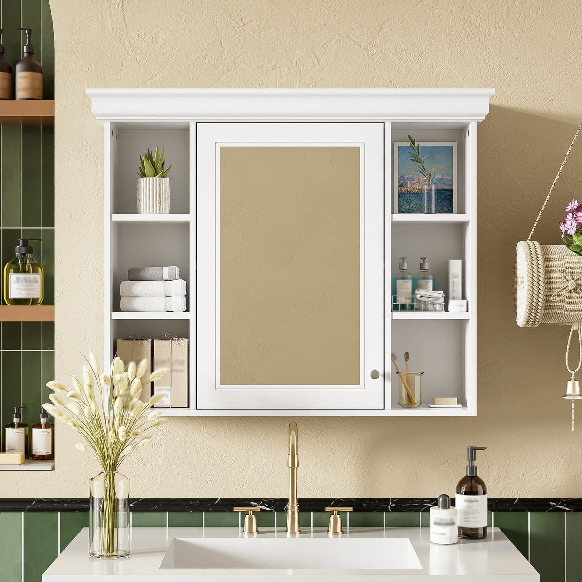 35'' White Wall Mounted Bathroom Storage Cabinet with Mirror Door - MDF