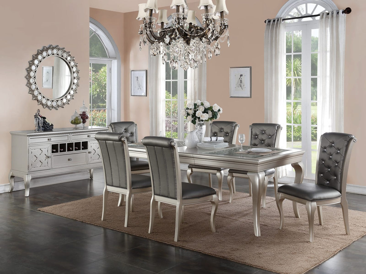 Dining Table Rectangle Glass Inert Top Silver Hue 7pc Dining Table 6x Side Chairs