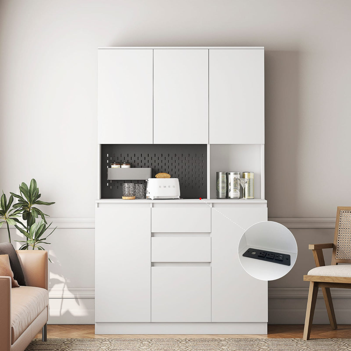 74" Kitchen Pantry Cabinet - White Particle Board Buffet Server