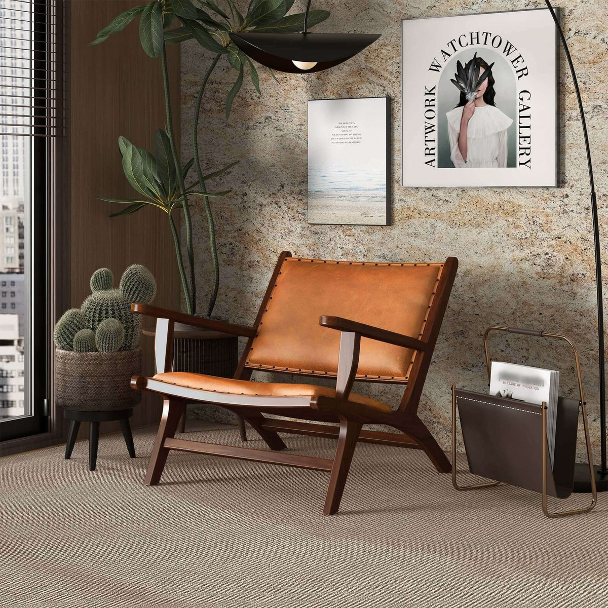 Tan Leather Mid-Century Arm Chair - 28"W x 26"D x 25"H