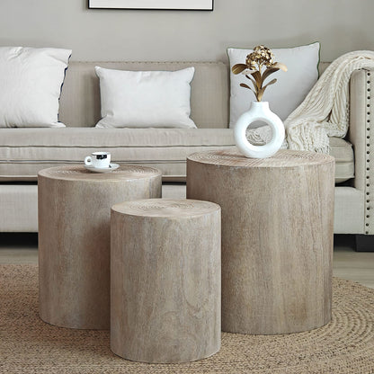 Round Wood Coffee Table Set - 3 Rustic Accent Tables for Living Room