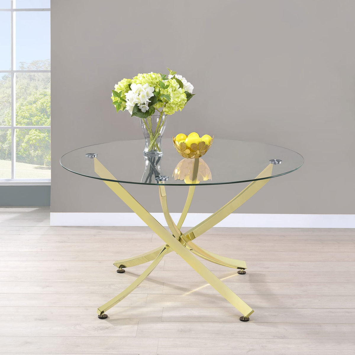 Orlette Dining Table - Clear Glass Top, Brass Finish - 46" Round