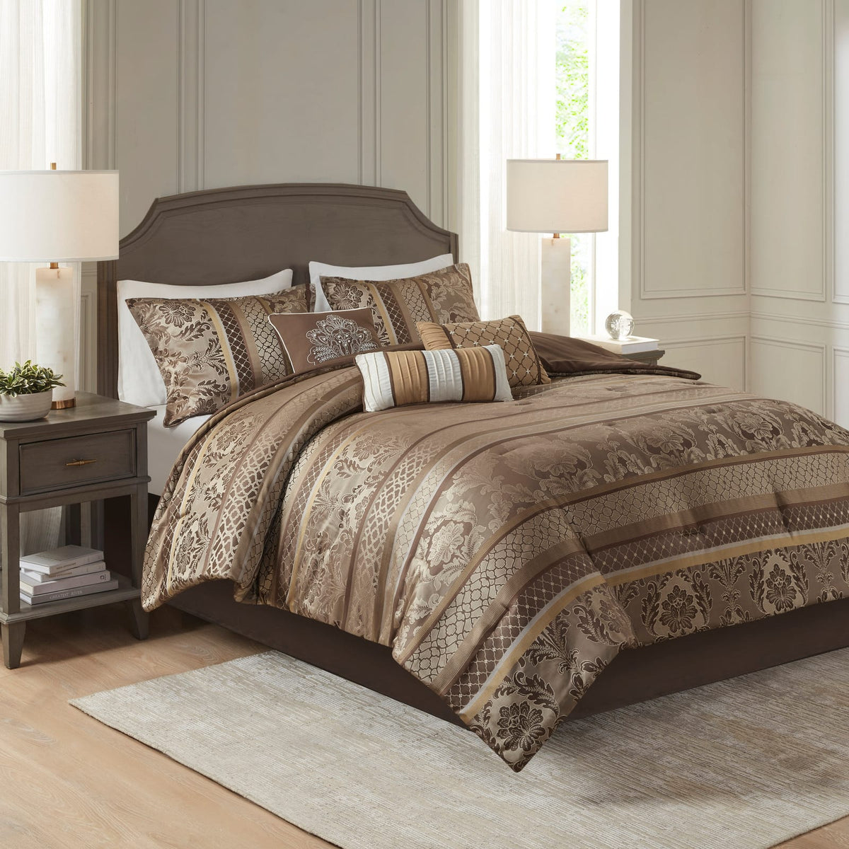 7 Piece Jacquard Queen Comforter Set - Brown & Gold