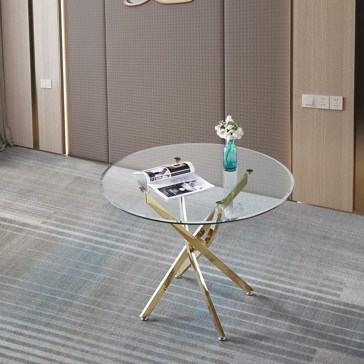 Contemporary Round Dining Table - Gold Tempered Glass