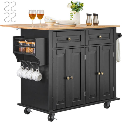 Black Rolling Kitchen Island Storage Cabinet with Drawers and Shelves
