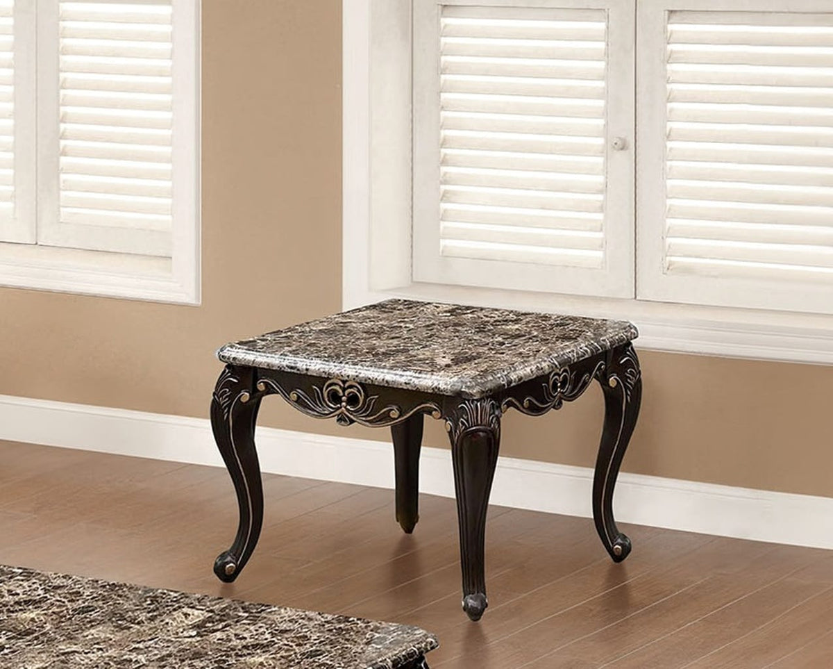Dark Walnut Square End Table - Cabriole Legs & Marble Top