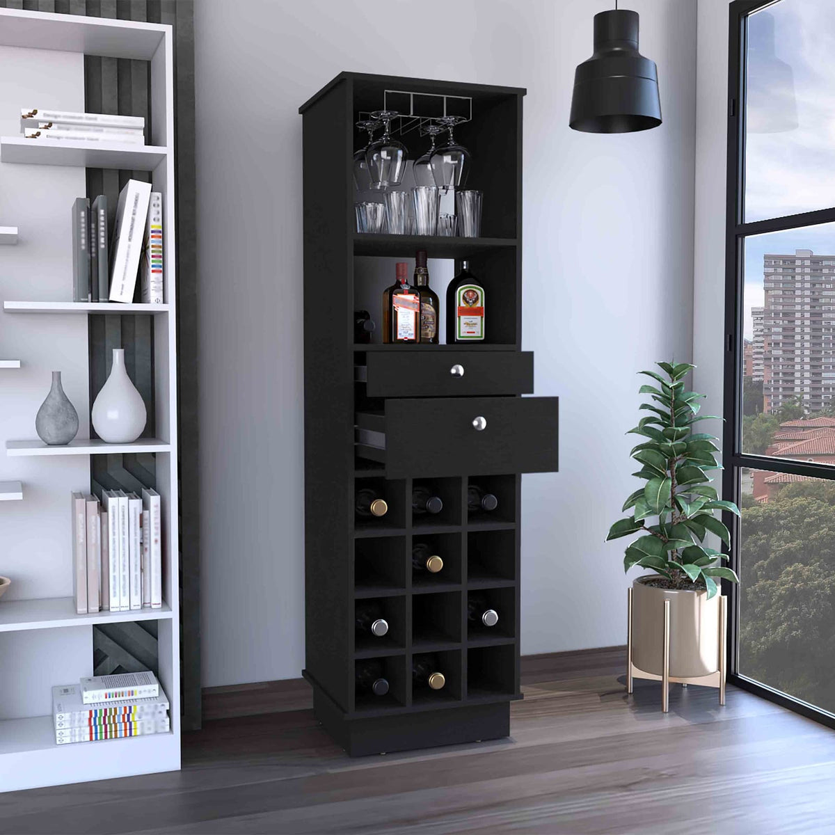 Black Wine Bar Cabinet with Six Cubbies - 15.7"W x 18.2"D x 63.2"H
