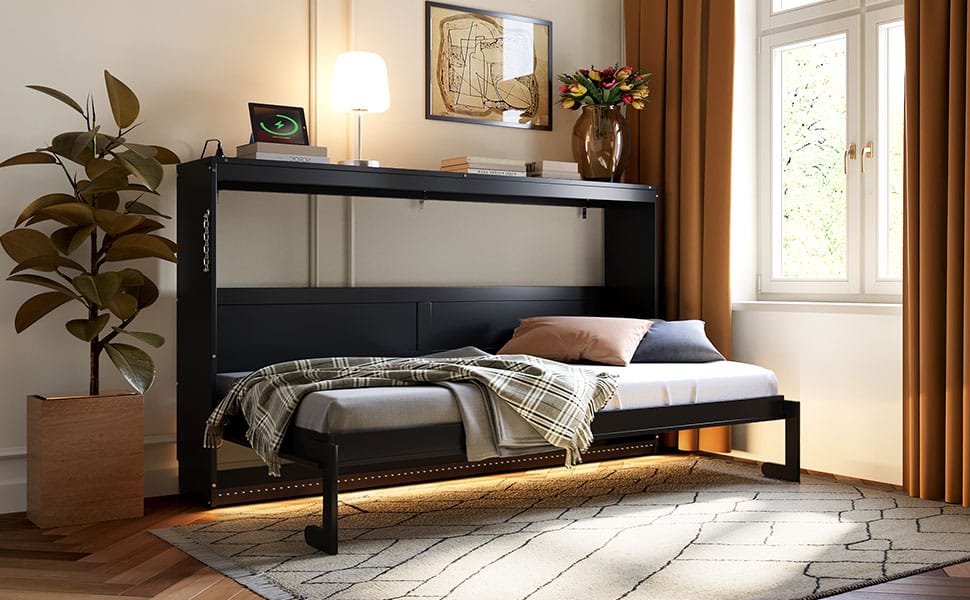 Twin Size Side Folding Murphy Bed Black Space Saving Design for Bedroom