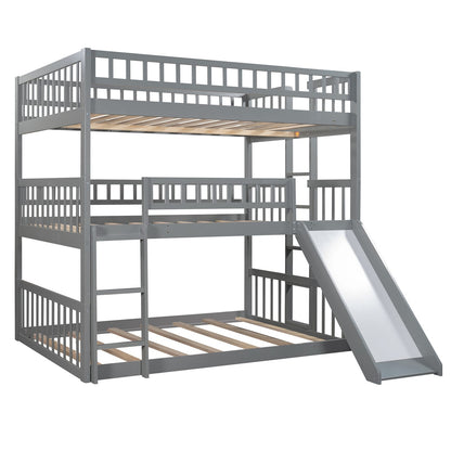 Full-Over-Full-Over-Full Triple Bed with Ladder & Slide, Gray for Bedroom
