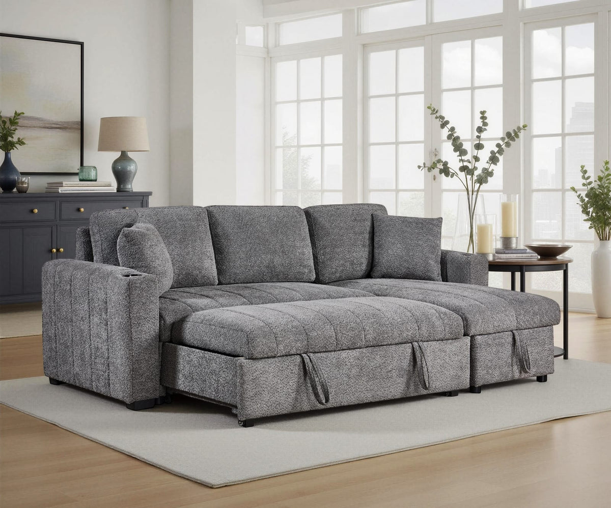 Gray Boucle 3 Seat Sectional Sofa with Sleeper