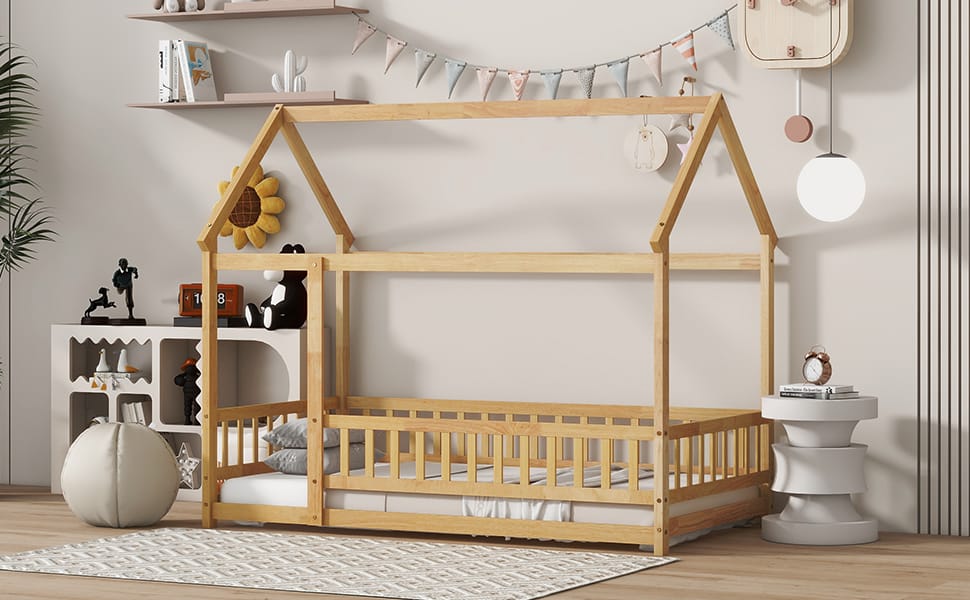 Twin Size Rubber Wood House Bed with Roof Frame