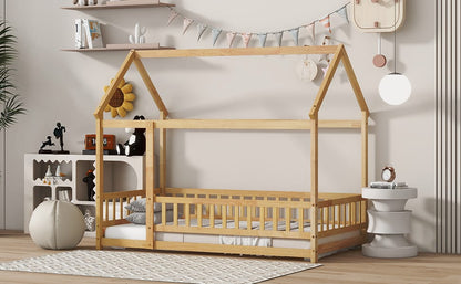 Twin Size Rubber Wood House Bed with Roof Frame