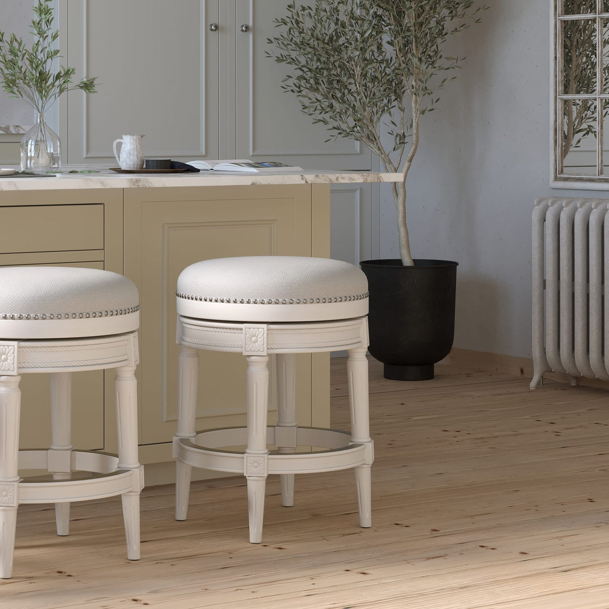26in. Swivel Barstool - White Wood & Fabric