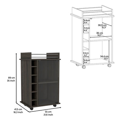 Espresso Particle Board Bar Cart with 6 Liquor Cubbies for Kitchen Storage